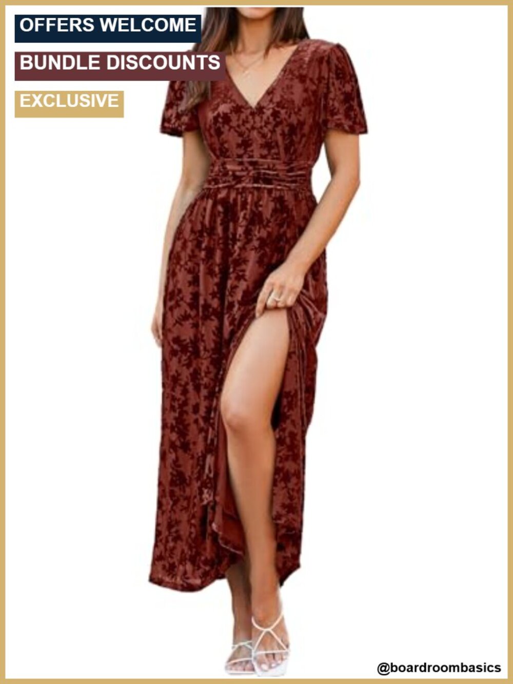 Velvet Maxi Dress V Neck Short Flutter Sleeve Empire Waist Formal Cocktail
